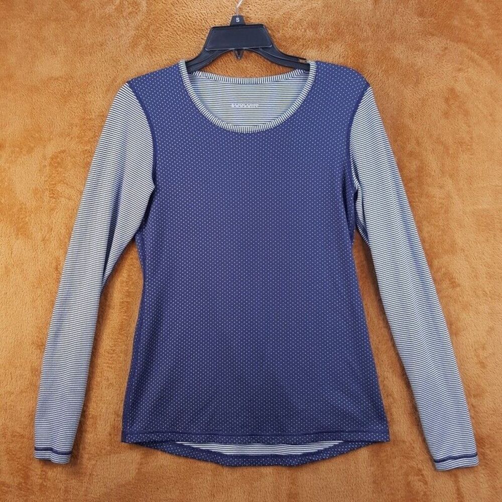 SAUCONY Womens Top Small Blue Pullover Crew Striped Polka Dot Thumbhole VERSA